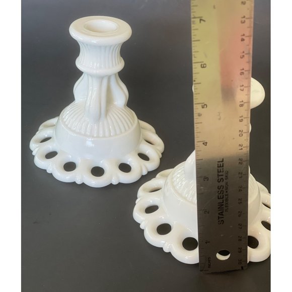 Candlestick Holder Set Vintage Westmoreland Milk Glass Doric Open Lace 4.25" - Picture 4 of 8